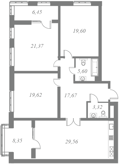 План квартиры №249 с 3 спальнями на 6 этаже 2 корпуса ЖК Botanica