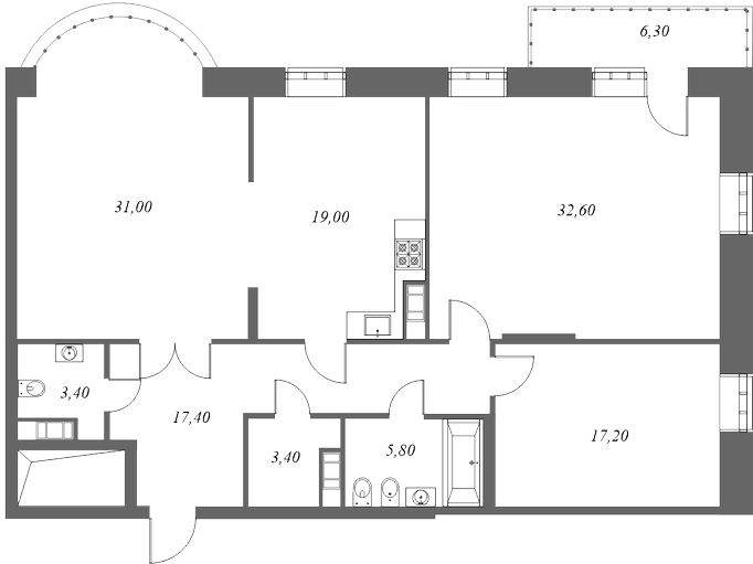 План квартиры №2-3-2 с 2 спальнями на 2 этаже 8 корпуса ЖК Классика. Дом для Души.