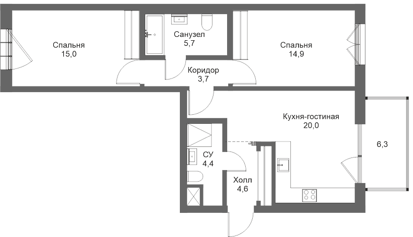 План квартиры №22 с 2 спальнями на 3 этаже 1 корпуса ЖК Meltzer Hall