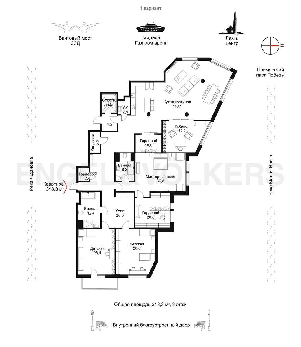 План квартиры №1053 с 4 спальнями на 4 этаже 1 корпуса Вторичная недвижимость