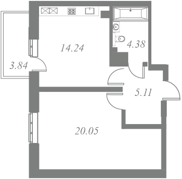 План квартиры №101 с 1 спальней на 3 этаже 1 корпуса ЖК Tesoro
