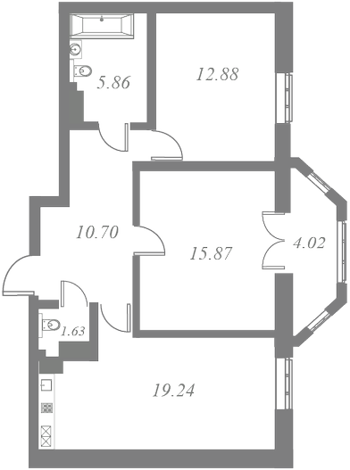План квартиры №116 с 2 спальнями на 5 этаже 1 корпуса ЖК Tesoro