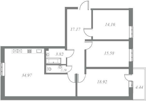 План квартиры №14 с 3 спальнями на 5 этаже 1 корпуса ЖК Tesoro
