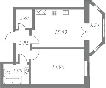 План квартиры №148 с 1 спальней на 8 этаже 1 корпуса ЖК Tesoro