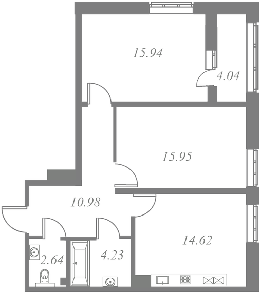 План квартиры №48 с 2 спальнями на 4 этаже 1 корпуса ЖК Tesoro