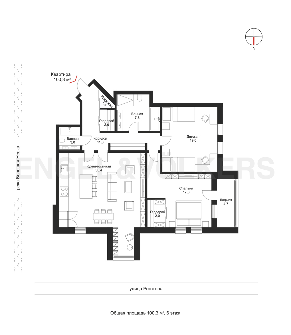 Квартира № 1017 на 6 этаже в 1 корпусе ЖК White House 100,3 м²