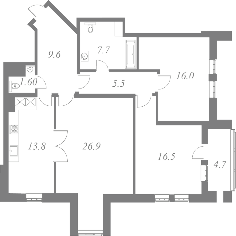 План квартиры № 14 с 3 спальнями на 3 этаже 1 корпуса ЖК White House
