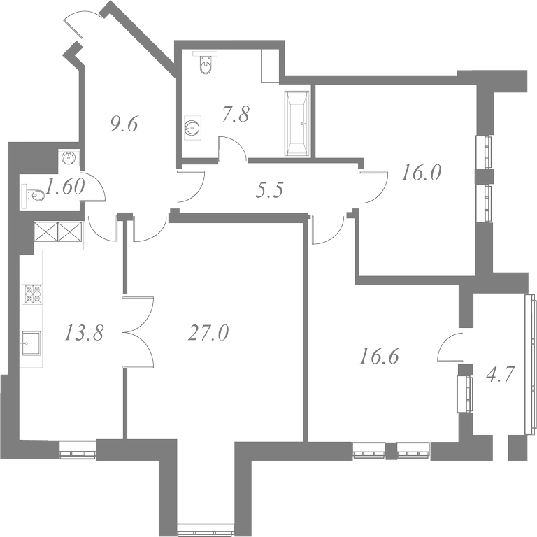 План квартиры №21 с 3 спальнями на 4 этаже 1 корпуса ЖК White House
