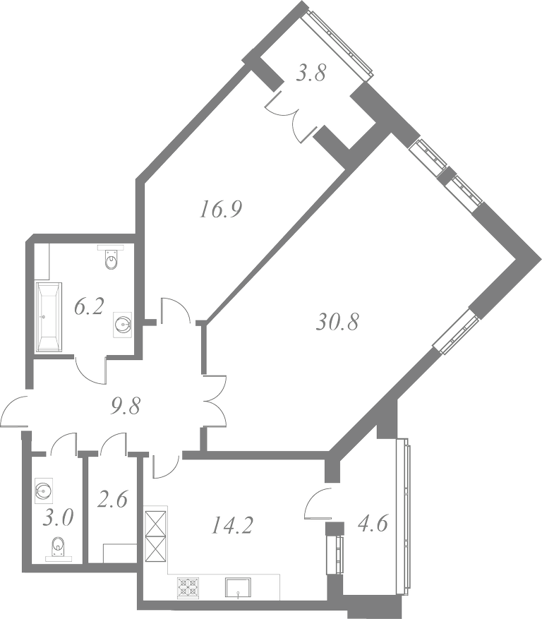 План квартиры №34 с 2 спальнями на 6 этаже 1 корпуса ЖК White House