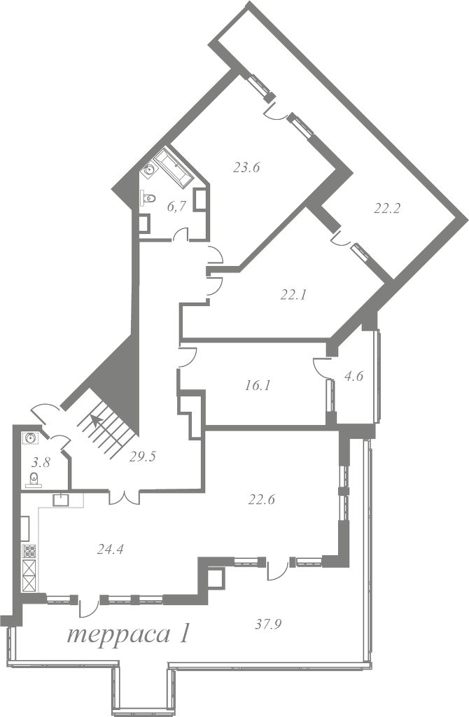 План квартиры №38 с 4 спальнями на 7 этаже 1 корпуса ЖК White House