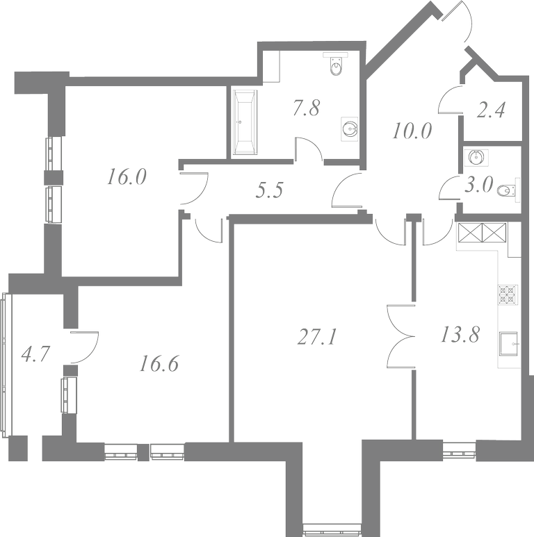 План квартиры № 8 с 3 спальнями на 3 этаже 1 корпуса ЖК White House